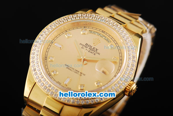 Rolex Day-Date II Automatic Movement Full Gold with Double Row Diamond Bezel-Gold Dial and Diamond Markers - Click Image to Close